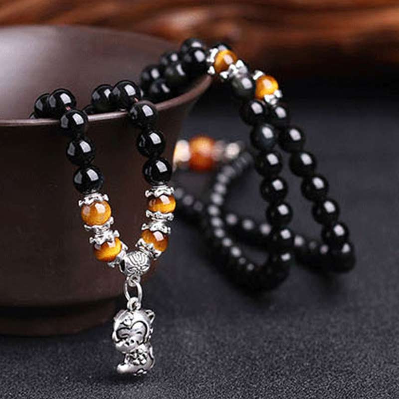 Pulsera de Mala de la fortuna con ojo de tigre de obsidiana negra con 108 cuentas del zodiaco chino