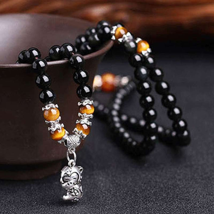 Pulsera de Mala de la fortuna con ojo de tigre de obsidiana negra con 108 cuentas del zodiaco chino