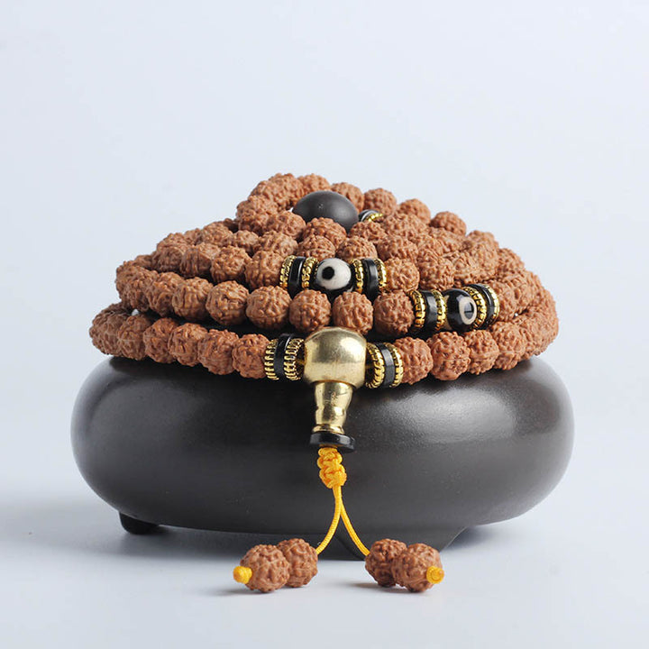 Buddha Stones 108 cuentas Mala Rudraksha Bodhi Semilla Dzi cuentas suerte pulsera de riqueza