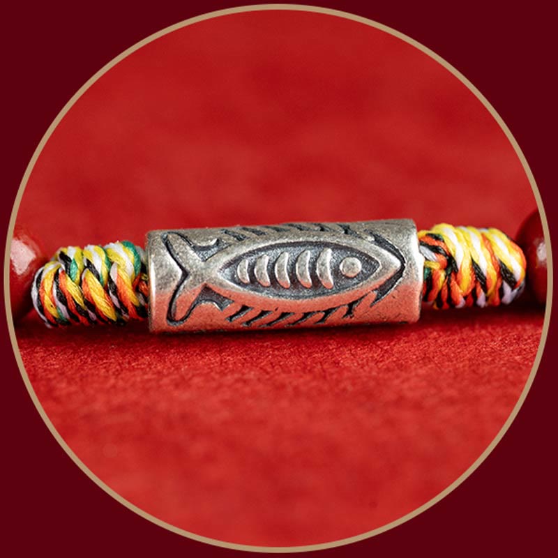 Pulsera tobillera trenzada hecha a mano con cuentas de cinabrio y pez Koi de plata de ley 925 con Buddha Stones