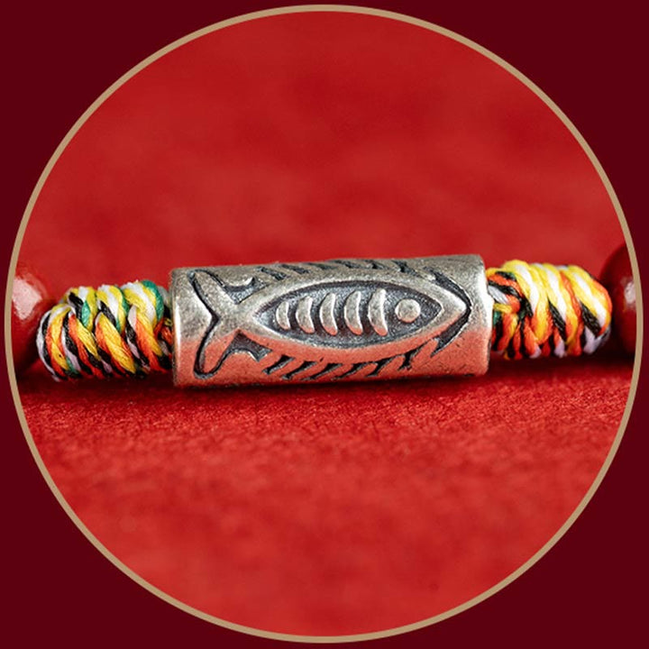 Pulsera tobillera trenzada hecha a mano con cuentas de cinabrio y pez Koi de plata de ley 925 con Buddha Stones