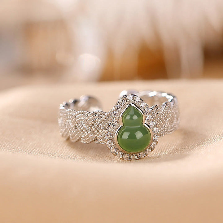 Juego de anillos de pulsera de la suerte con forma de calabaza de jade cian hetiano natural chapado en plata de ley 925 con Buddha Stones
