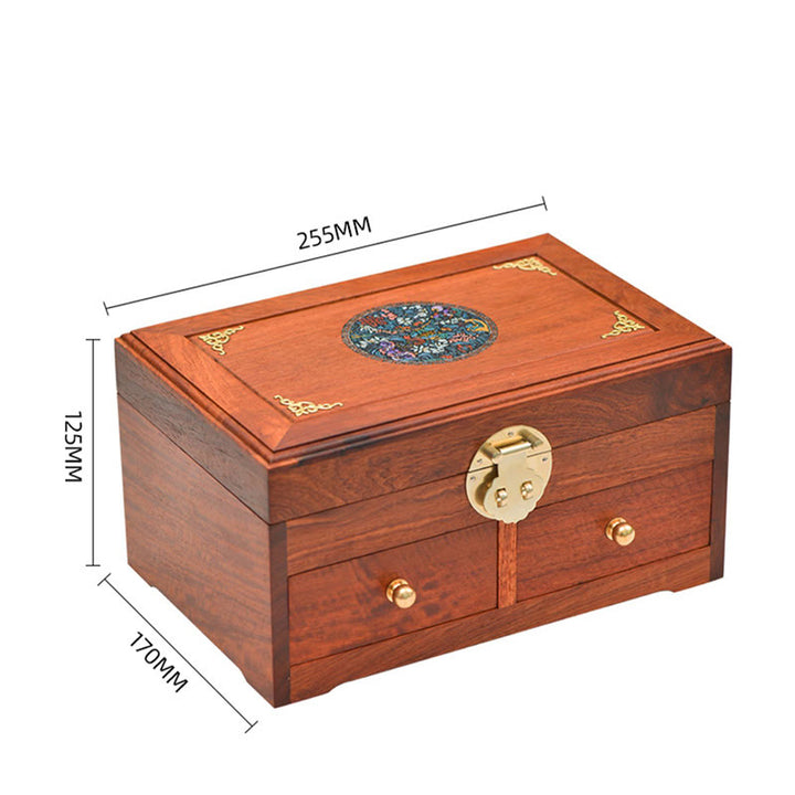 Caja de almacenamiento de joyería de palisandro hecha a mano antigua, caja organizadora de regalo de madera con flores de doble capa grande con cerradura