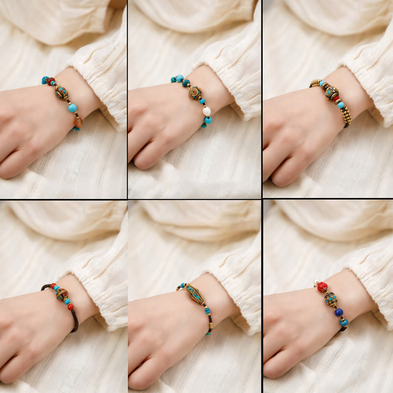Pulsera de fuerza de protección Om Mani Padme Hum de turquesa tibetana con Buddha Stones