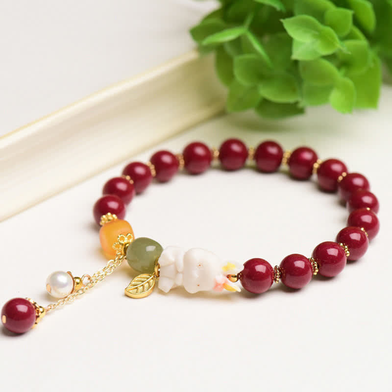 Año del Conejo Cinabrio Hetian Jade Bunny Pulsera de bendición con cuentas