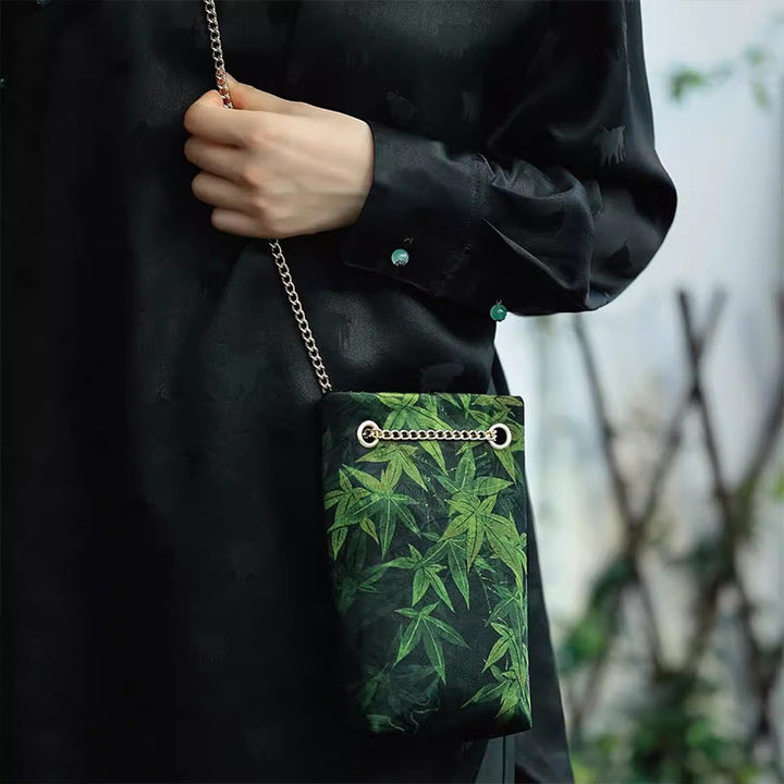 Bolso bandolera con cadena de metal caqui y hoja de arce pequeña con Buddha Stones , bolso de hombro, bolso para teléfono móvil