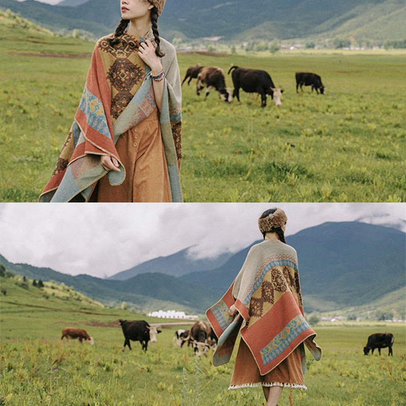 Bufanda de capa cálida de invierno con patrón de diamantes de chal tibetano de Buddha Stones
