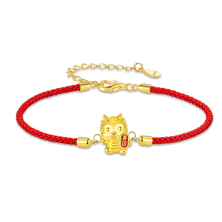 Pulsera de cadena de cuerda roja con Buddha Stones , Plata de Ley 925, Año del Dragón de la suerte, dragón dorado de la suerte