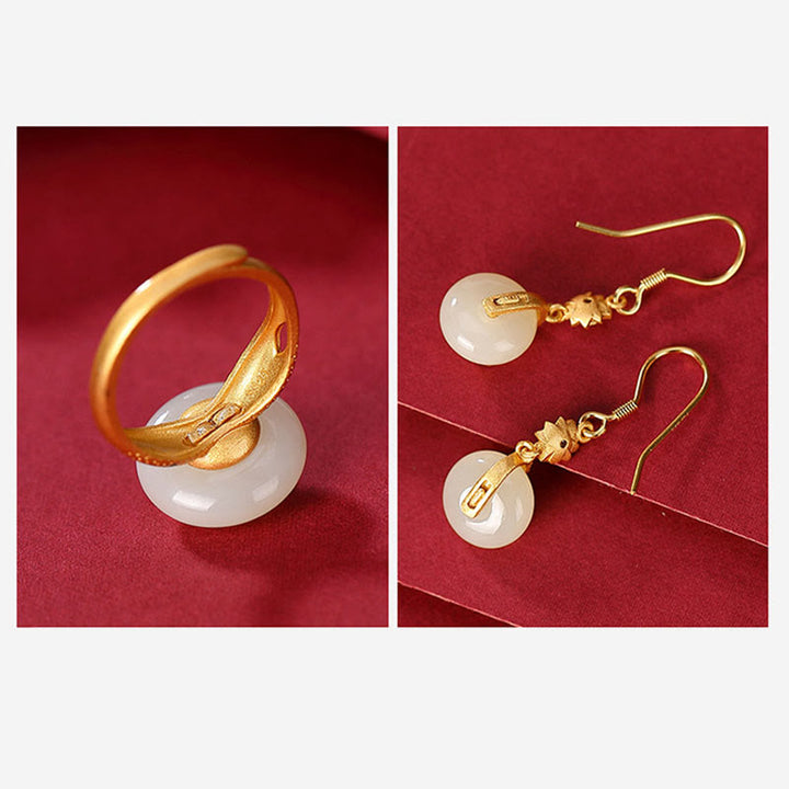 Juego de pendientes de anillo de la suerte de loto de jade hetiano chapado en plata de ley 925 con Buddha Stones