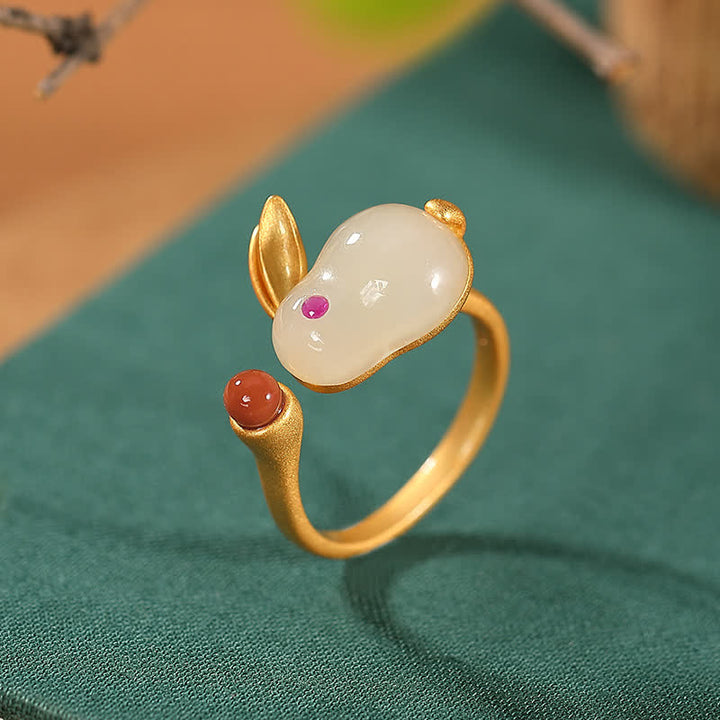 Buddha Stones Plata de Ley 925 Año del Conejo Hetian Jade Anillo de la Suerte Pendientes Collar Colgante