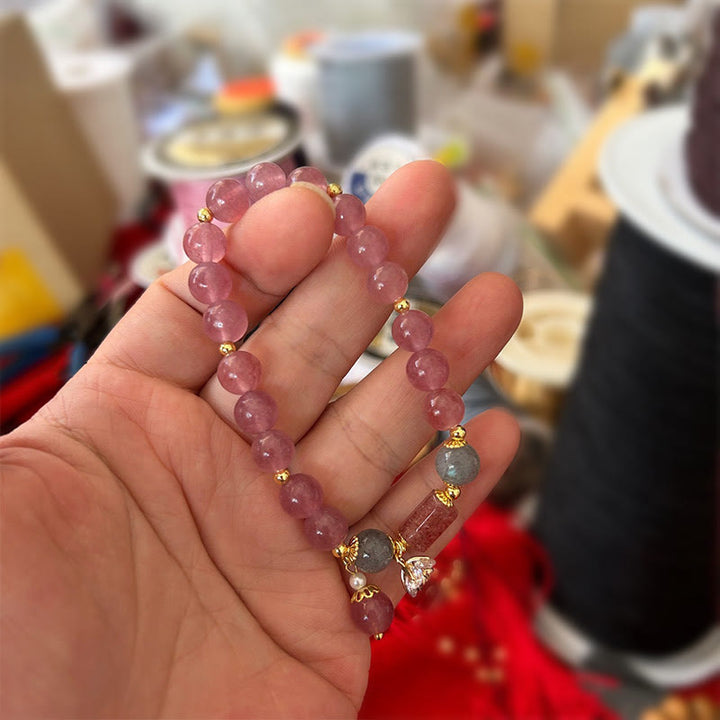 Pulsera con dije positivo de flor de circonita de cuarzo fresa natural con Buddha Stones