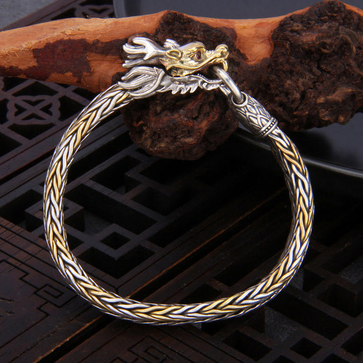 Pulsera de diseño trenzado de metal con protección de dragón auspicioso del año del dragón de plata de ley 925 con Buddha Stones