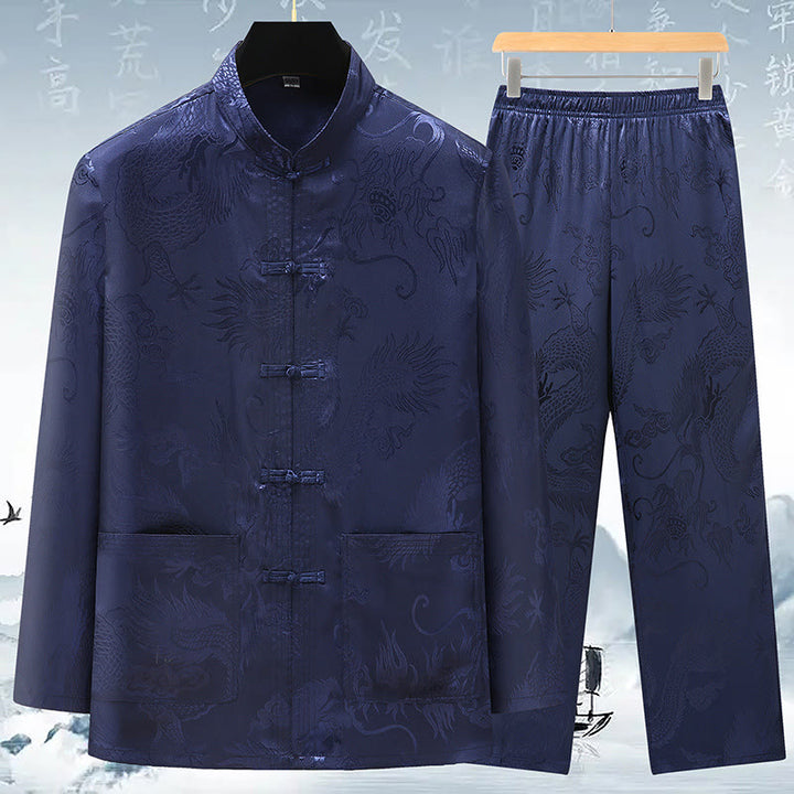 Traje Tang de Buddha Stones Hombres Hanfu Dragón Chino Ropa Tradicional Camisa de Kung Fu Uniforme Abrigo de Manga Larga Tops y Pantalones Ropa Conjunto para Hombres - Azul oscuro - US/UK/AU42, EU52 (3XL) - image 13