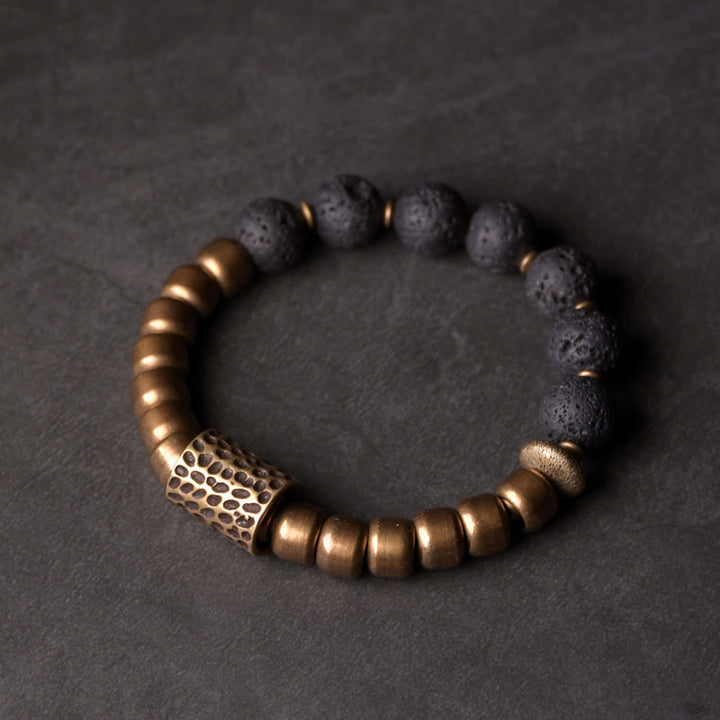 Pulsera de soporte curativo de Buddha Stones, roca de lava, obsidiana arcoíris y latón. - Roca volcánica y latón - 18 cm - image 0