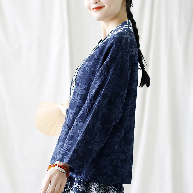 Chaqueta de manga larga con cuello en V y jacquard floral con Buddha Stones