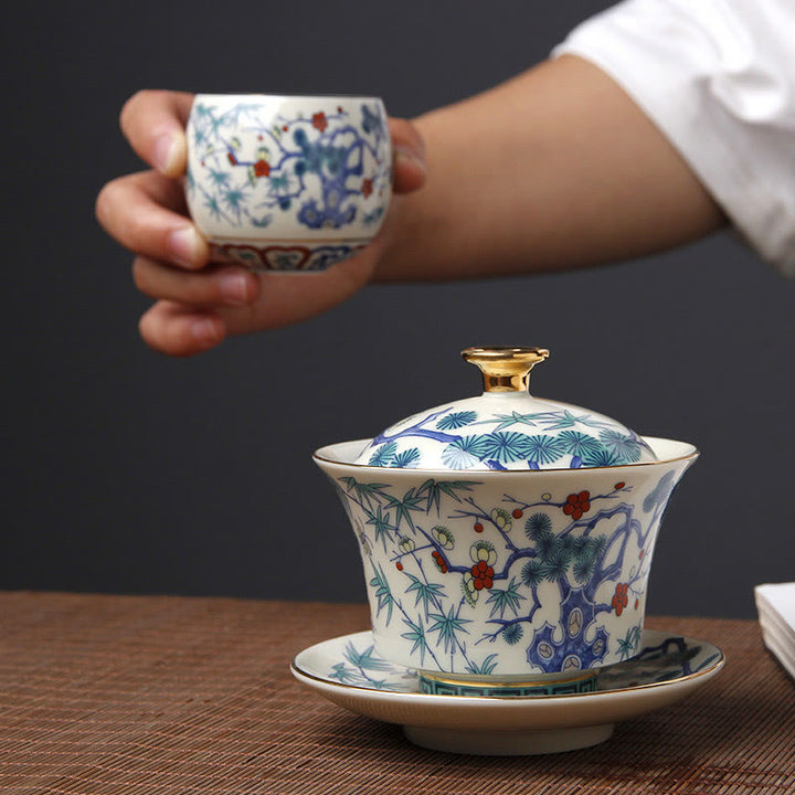 Buddha Stones Retro, flor de ciruelo, pino, bambú, Phoenix Kirin, cerámica Gaiwan Sancai, taza de té de Kung Fu y platillo con tapa