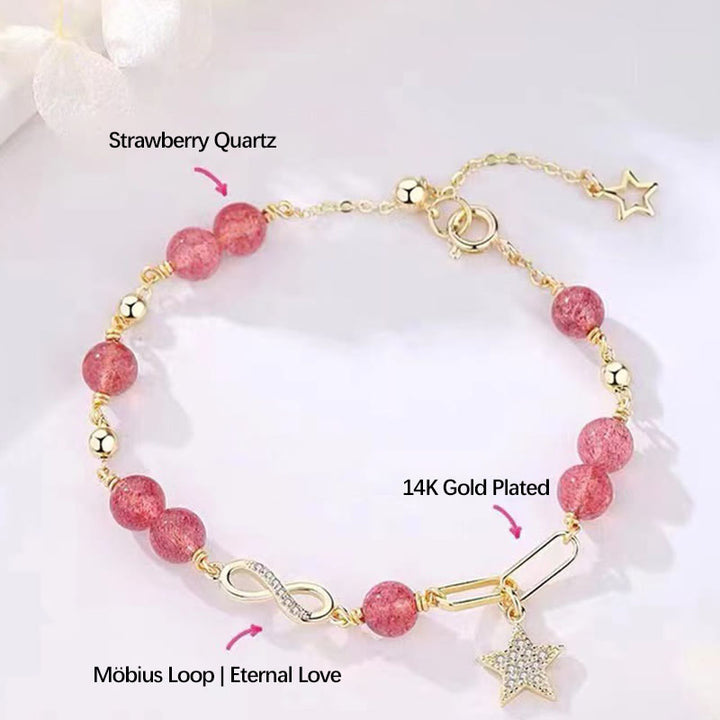 Buddha Stones chapadas en oro de 14 quilates, cuarzo fresa natural, piedra lunar, lazo de Möbius, pulsera positiva con estrella de amor eterno