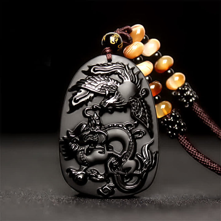 Colgante de collar con cuentas de protección de dragón y fénix de ojo de tigre de obsidiana negra