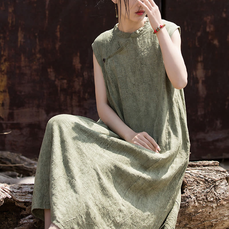 Vestido midi teñido anudado hecho a mano con Buddha Stones Vestido sin mangas de lino