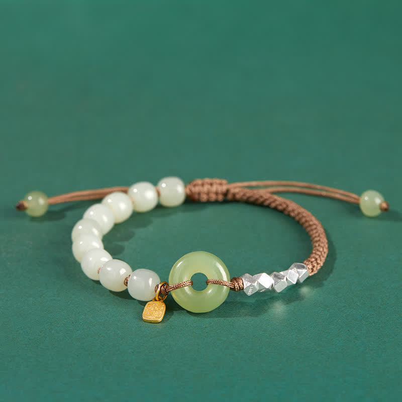 Pulsera de plata de ley 925 con hebilla de paz y jade hetiano con cuentas de suerte y felicidad