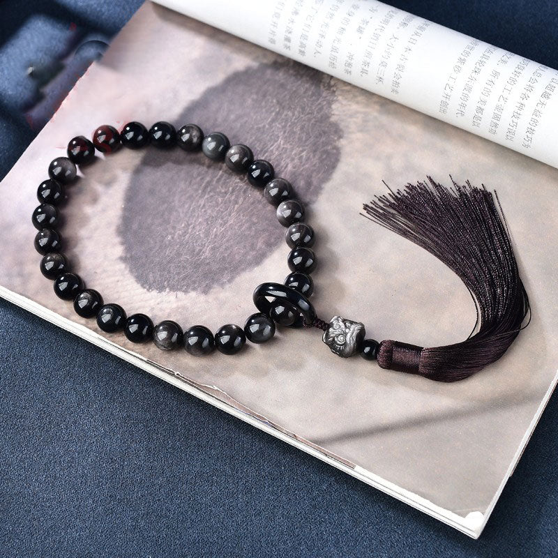 Plata Natural brillo obsidiana León muñeca Mala protección borlas bolsillo Mala decoración del coche