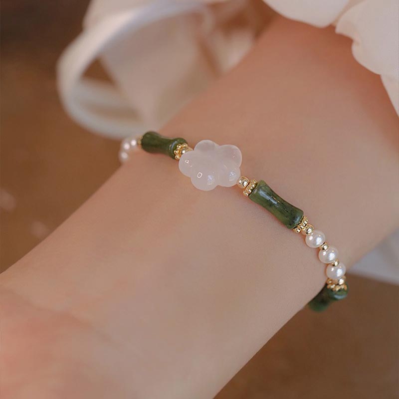 Pulsera de la paz con perlas y ágata, flor de bambú, peridoto y Buddha Stones