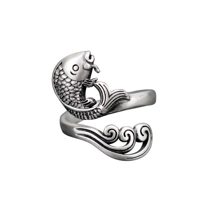 Anillo de plata de ley 925 con Buddha Stones , pez koi, ondulación de agua, suerte y riqueza