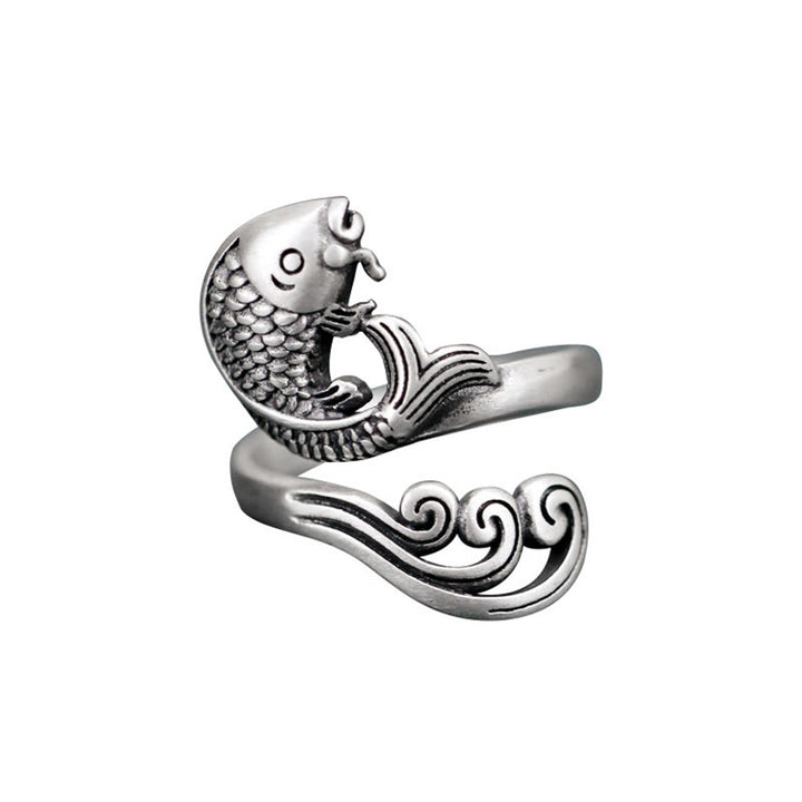 Anillo de plata de ley 925 con Buddha Stones , pez koi, ondulación de agua, suerte y riqueza