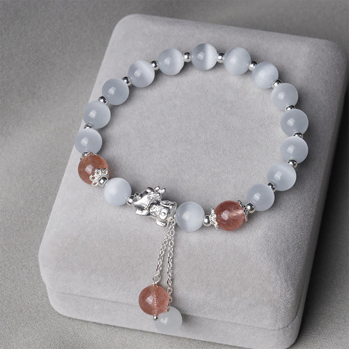 Pulsera de soporte PiXiu de cuarzo fresa, piedra lunar, ojo de gato natural, Buddha Stones