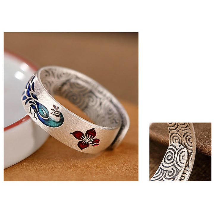 Anillo de plata de ley 999 con Buddha Stones , diseño de pavo real, nubes propicias, flor de loto grabada