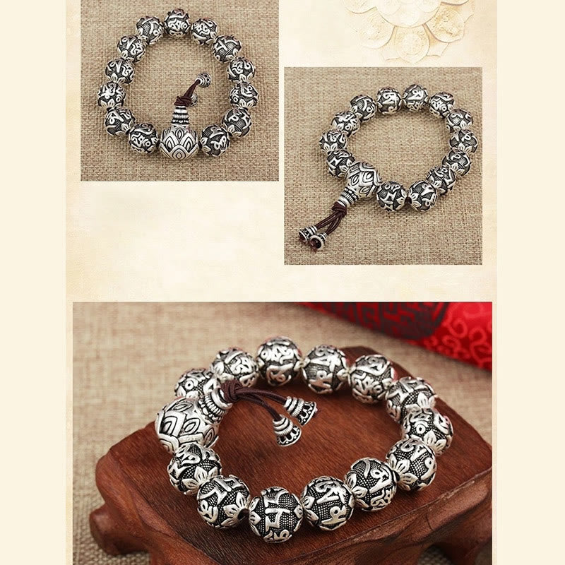 Pulsera de amuleto de cuentas de aleación talladas Om Mani Padme Hum tibetano con Buddha Stones