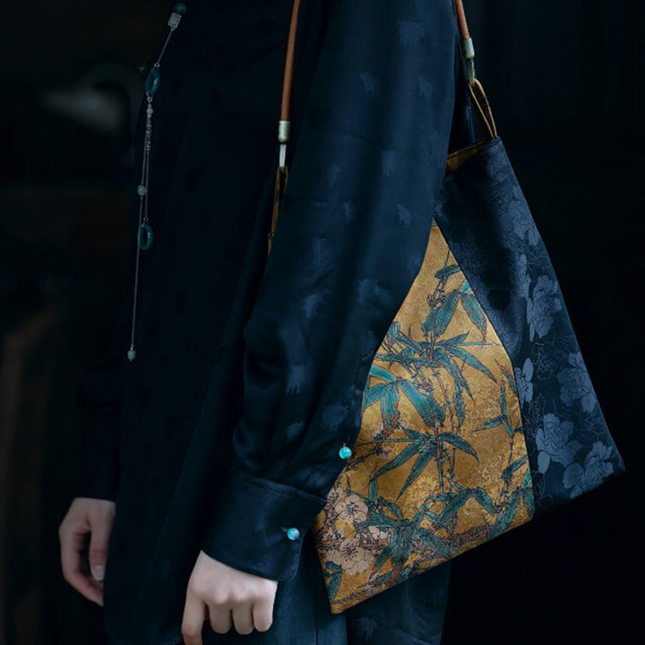 Bolso de hombro con Buddha Stones, hojas de bambú, flor, mariposa, caqui