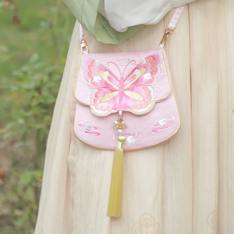 Buddha Stones suerte bordado loto Koi pez conejo flor Hanfu bolso bandolera bolso de hombro - Mariposa Campana Rosa - image 24