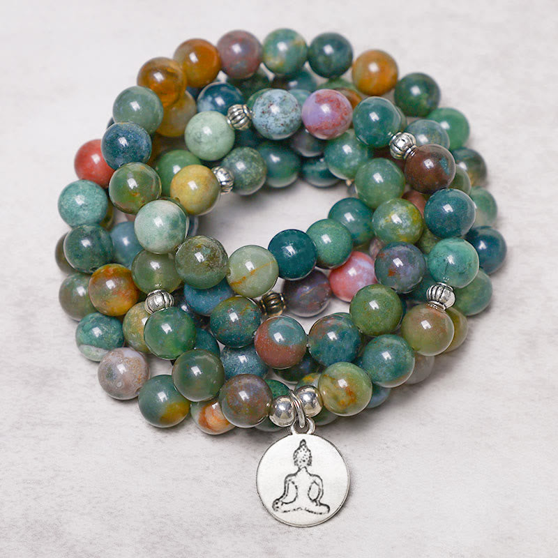 Buddha Stones 108 cuentas de Mala ágata india loto OM Buda Árbol de la vida pulsera de calma positiva