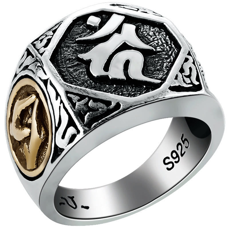 Anillo ajustable de protección tallada con diseño sánscrito de plata de ley 925 con Buddha Stones