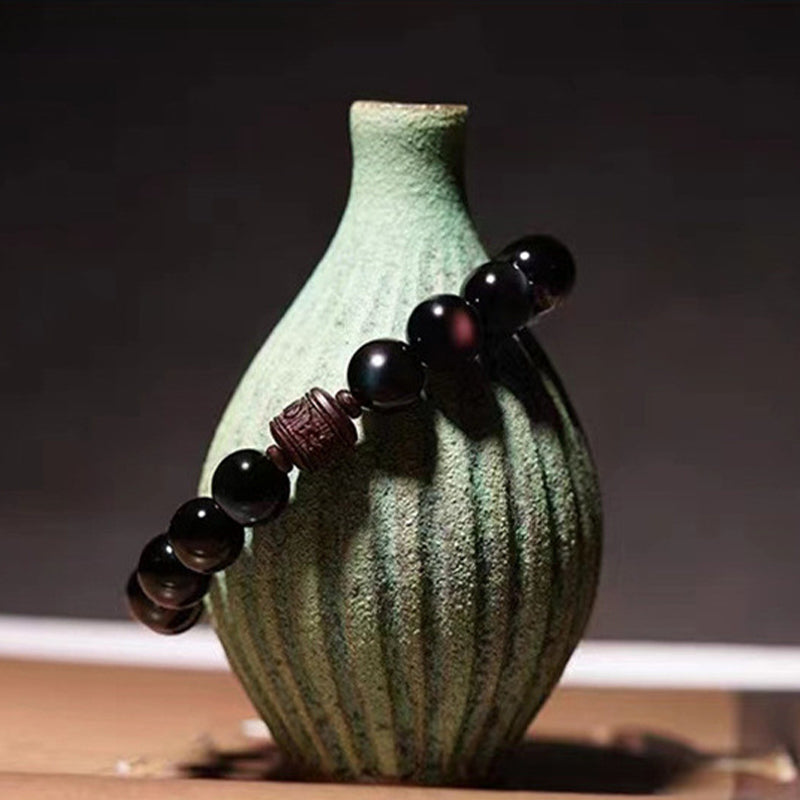 Pulsera curativa con carácter de obsidiana arcoíris de obsidiana con brillo de oro natural con Buddha Stones Om Mani Padme Hum Fu