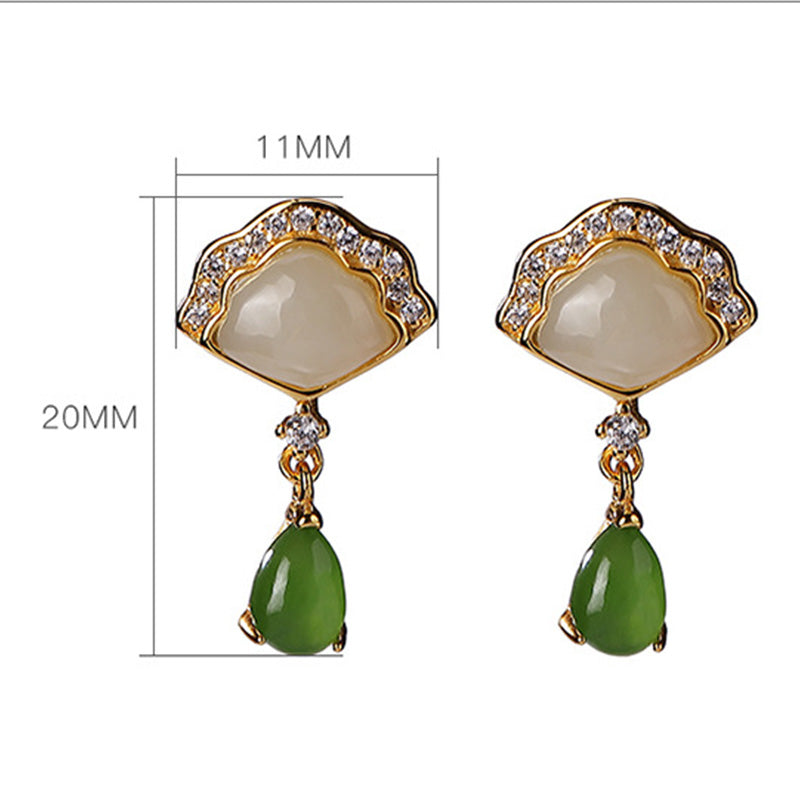 Pendientes colgantes de suerte con diseño de gota de agua y abanico de jade blanco con Buddha Stones