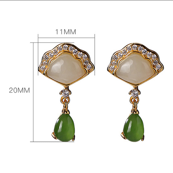 Pendientes colgantes de suerte con diseño de gota de agua y abanico de jade blanco con Buddha Stones