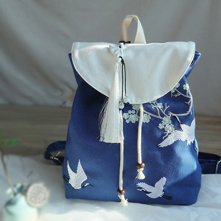 Mochila de lona de gran capacidad bordada hecha a mano con Buddha Stones - Grulla blanca azul - image 22