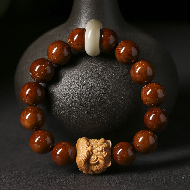 Pulsera de sabiduría de león danzante con semillas de Bodhi moradas con Buddha Stones
