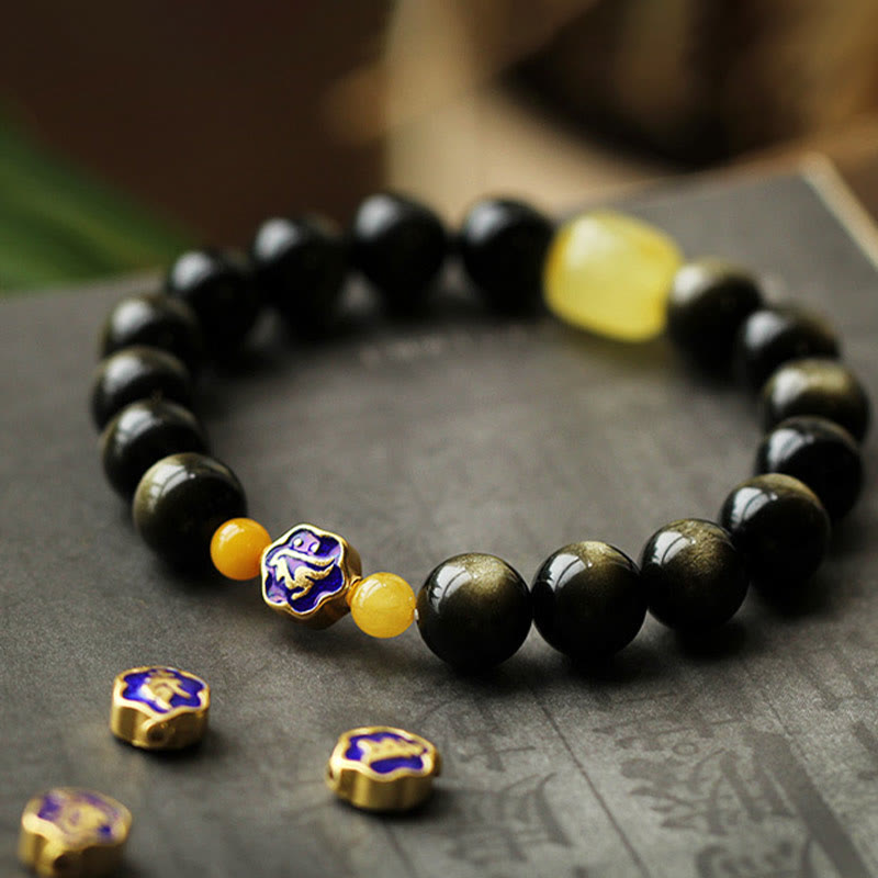 Pulsera de protección de la riqueza, Plata de Ley 925 con Buddha Stones , zodíaco chino, Buda natal, brillo de oro Natural, obsidiana, ámbar
