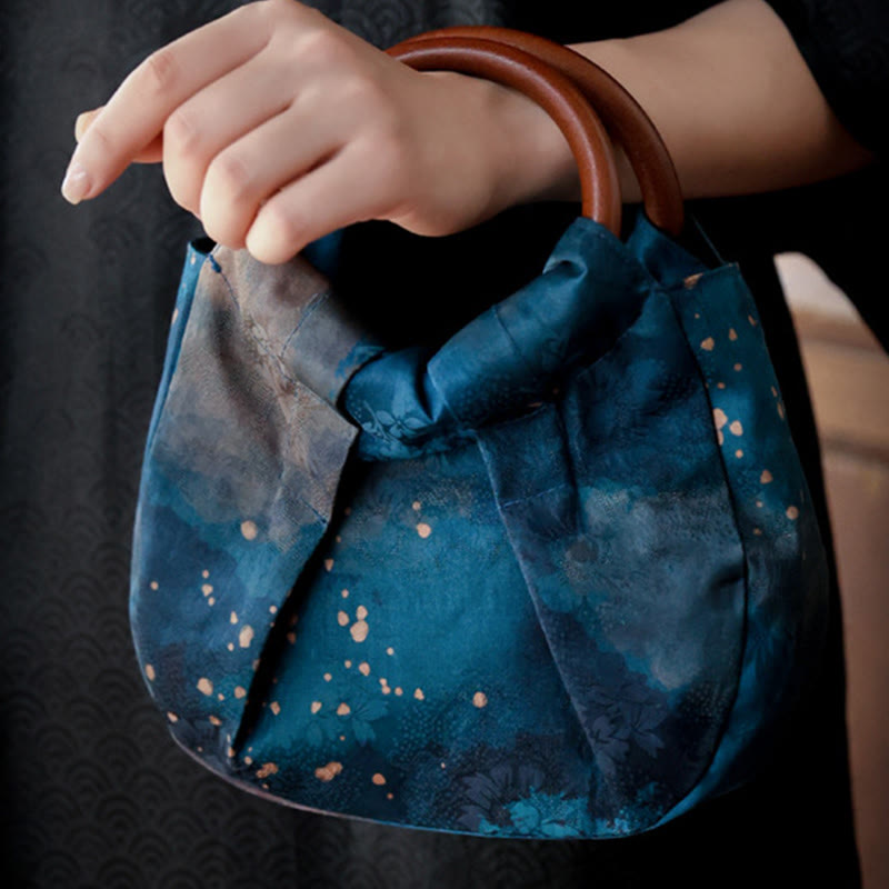 Bolso de mano con asa de madera azul con flor de jacquard hecho a mano con Buddha Stones