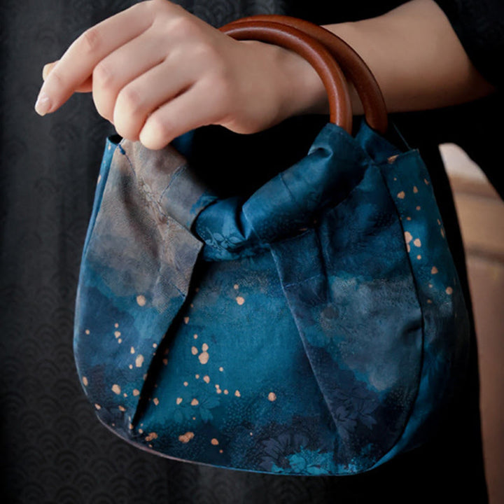 Bolso de mano con asa de madera azul con flor de jacquard hecho a mano con Buddha Stones