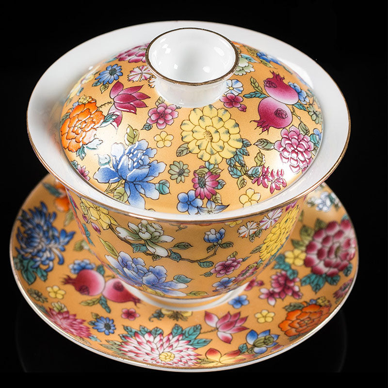 Taza de té y platillo con tapa, Gaiwan Sancai de cerámica, flores de peonía, Buddha Stones , Kung Fu