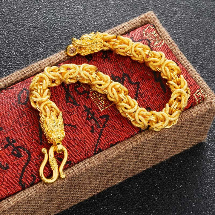 Pulsera de protección de dragón de doble cabeza chapada en oro de 24 quilates con Buddha Stones