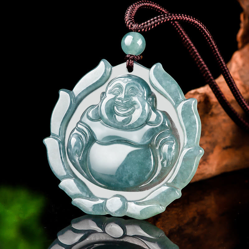 Colgante de collar de la suerte con diseño de loto de Buda sonriente de jade natural con Buddha Stones - image 2