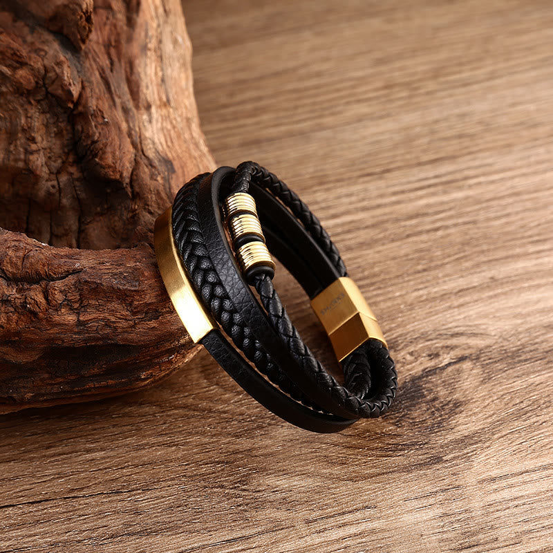 Pulsera con hebilla magnética trenzada con equilibrio de acero y titanio multicapa de cuero con Buddha Stones