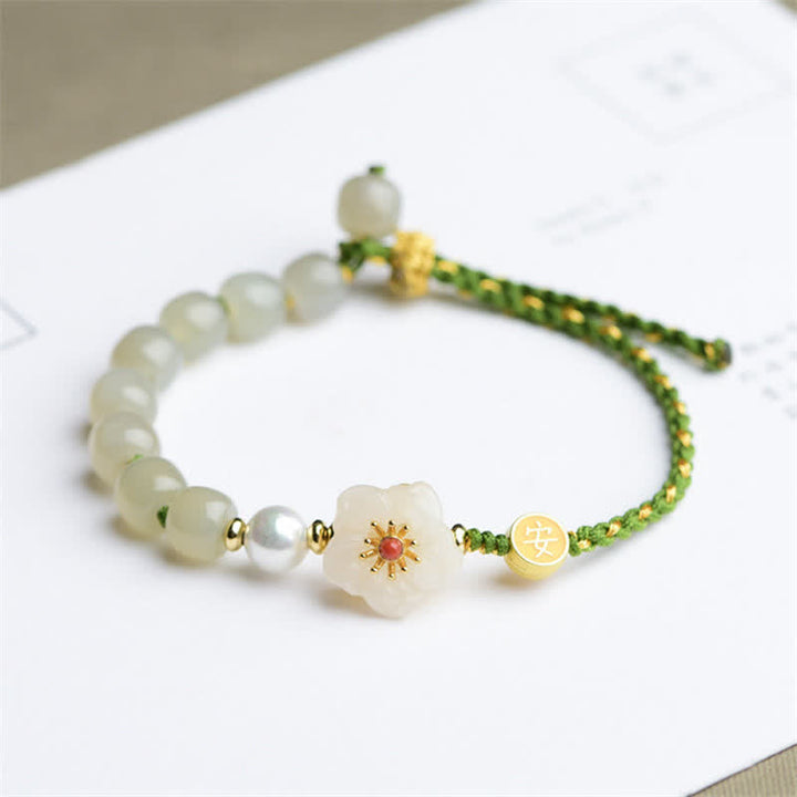 Pulsera de la suerte de flor de melocotón de jade hetiano natural de plata de ley 925