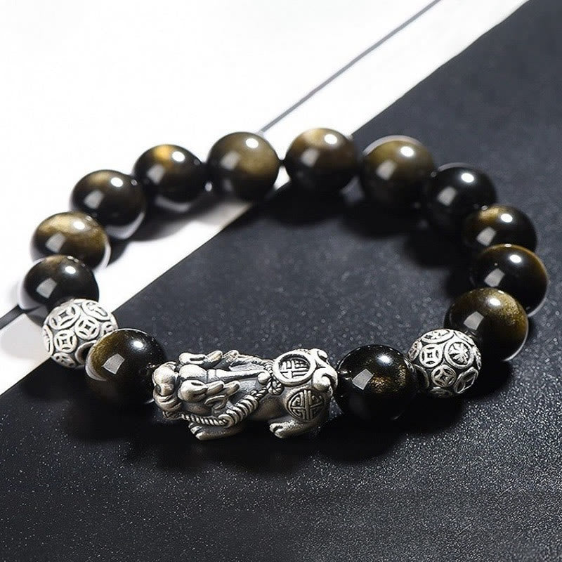 Pulsera de protección de la riqueza PiXiu de obsidiana brillante de oro natural de plata de ley 925 con Buddha Stones - 12 mm - image 3