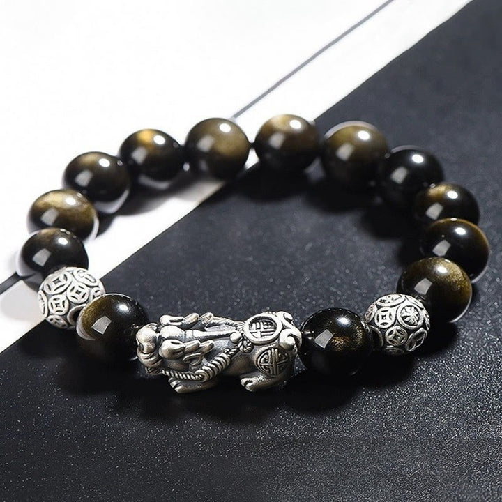 Pulsera de protección de la riqueza PiXiu de obsidiana brillante de oro natural de plata de ley 925 con Buddha Stones - 12 mm - image 3